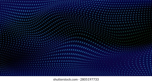Abstract blue dynamic wavy line dotted texture on navy dark blue bakcground. Copy space for text. Modern design. Vector illustration