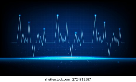 Abstract blue ECG heartbeat waveform glowing on digital grid, medical monitor concept with futuristic technology style