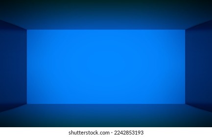 Abstract blue empty room with bright front screen and space for text, floor, free space place, colored open space room without textures, bright background with walls, colorful vector 3d illustration