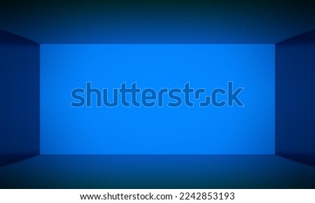 Abstract blue empty room with bright front screen and space for text, floor, free space place, colored open space room without textures, bright background with walls, colorful vector 3d illustration