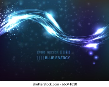 Conception abstraite d'une ligne d'énergie bleue sur fond sombre avec des particules flou et des lignes lumineuses.