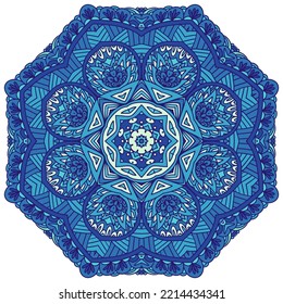 Abstract  Blue ethnic geometric arabesque mandala with floral kaleidoscopic elements. Turkish style medallion