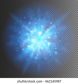 Abstract blue explosion bokeh light rays and sparkles. Isolated on a transparent background. Empty space for text. Detailed vector illustration. 