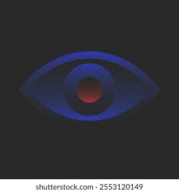 Abstract blue eye design with transparent glowing circular elements and red center, and subtle noise overlay. Futuristic visual aesthetics, symbolic depth, and minimal style.