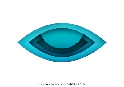 Abstract blue eye symbol in paper cut style isolated on white background. Minimalistic vector concept.