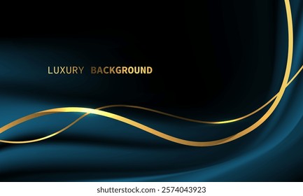 Abstract blue fabric satin wave black shadow gold light luxury curve overlap with blank space for text place design modern creative background vector