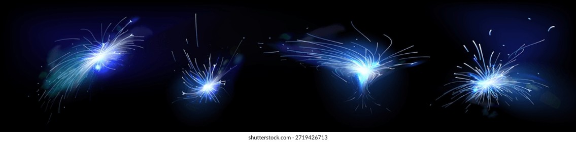 Abstractas conjunto de chispas de fuego azul aislado sobre fondo negro. Vector ilustración realista del efecto de bengala de fuegos artificiales, bengala y humo de la luz de la máquina de soldadura, flash de celebración de vacaciones, llama de explosión