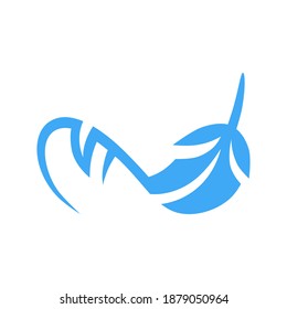 Abstraktes blaues, flaches Federsymbol auf weißem Hintergrund. Design-Element