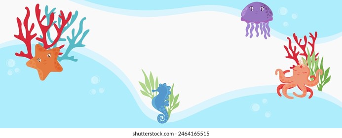 Abstract blue flat style banner with cute cartoon animals Vector background for themed holidays greetings invitations Bright children's illustration with water characters