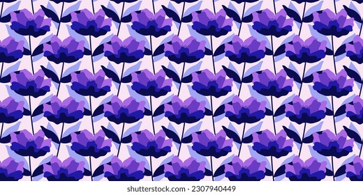 Abstract blue floral background, bold flower pattern, seamless vector repeating tile
