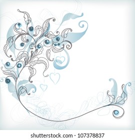 Abstract blue floral background for design, beautiful vector illustration with hearts