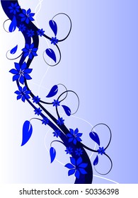 An abstract blue floral background with leaves and fronds on a lighter  graduated background. The image has room for text