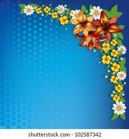 abstract blue floral background with spring flowers