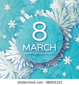 Abstract Blue Floral Greeting card - International Happy Women's Day - 8 March holiday background with paper cut Frame Flowers. Happy Mother's Day. Trendy Design Template. Vector illustration.