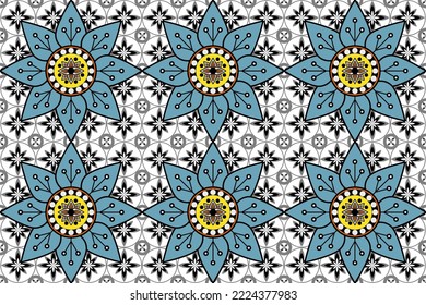 Abstract blue floral on the black flower for seamless pattern