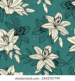 Abstract blue floral pattern with lily flowers. Vector illustration. Design for fashion textiles, graphics, backgrounds and crafts