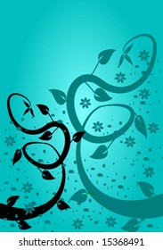 An abstract blue floral vector background illustration with blue and black vines`on a lighter graduated base
