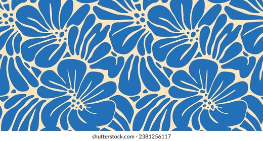 Abstract blue flower art seamless pattern. Trendy contemporary floral nature shape background illustration. Natural organic plant leaves artwork wallpaper print. Vintage spring texture.