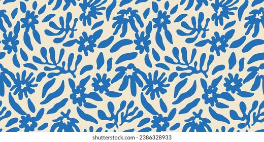 Abstract blue flower art seamless pattern. Trendy contemporary floral nature shape background illustration. Natural organic plant leaves artwork wallpaper print. Vintage spring texture.