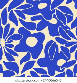 Abstract blue flower art seamless pattern. Trendy contemporary floral nature shape background illustration. Natural organic plant leaves artwork wallpaper print. Vintage spring texture.