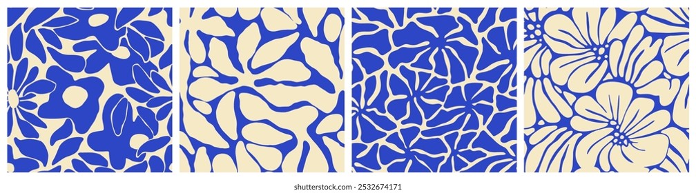 Conjunto de patrón transparente de arte floral azul Abstractas. Ilustración de fondo de forma de naturaleza floral contemporánea de moda. Planta orgánica natural hojas ilustraciones colección de impresión de Fondo de pantalla. Antiguas textura de primavera.