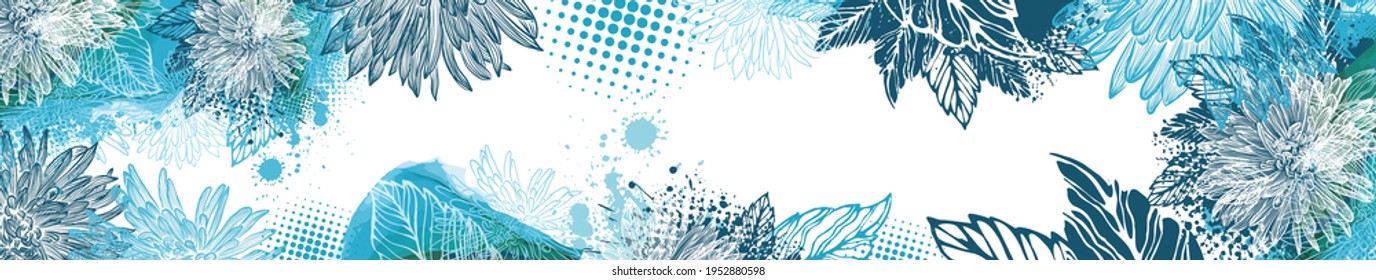 Abstract blue flower. Beautiful background with chrysanthemums. Long horizontal banner. Header for the site. Wedding postcard. Vector illustration