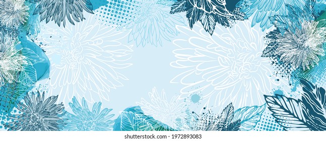 Abstract blue flower. Beautiful horizontal background with chrysanthemums. Wedding postcard. Vector illustration