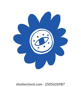 Abstract blue flower illustration featuring an eye at the center, symbolizing creativity and imagination. Perfect for artistic projects and design inspiration