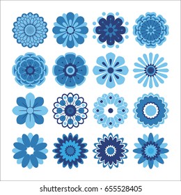 Abstract blue flowers, floral design elements. Set of 16 elements isolated on white background. Vector Icons