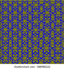 Abstract blue flowers and leaves are laid out in rows and form a pattern on olive background