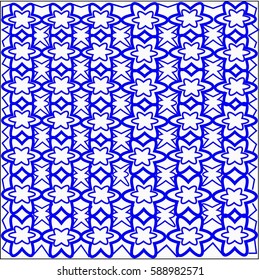 Abstract blue flowers and leaves are laid out in rows and form a pattern on a white background