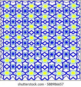 Abstract blue flowers and leaves and yellow flowers are laid out in rows and form a pattern on a white background