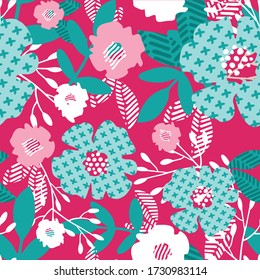 Abstract blue flowers on pink background