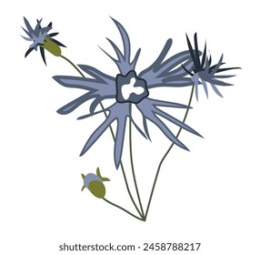 Abstract blue flowers on twig in flat design. Blooming cornflower bush. Vector illustration isolated.