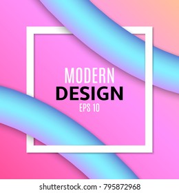 Abstract blue fluid lines in 3d style. White frame banner for text. Purple orange background. Modern design for your project. Vector illustration