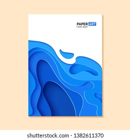 Abstract blue flyer in cut paper style. Cutout sea wave template for for save the Earth posters, eco brochures, presentations, invitations with place for text .Vector water applique card illustration.