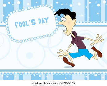abstract blue fools day background with cartoon running, vector illustration