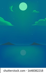 luna llena azul abstracta a mitad de la noche reflexiona sobre la superficie del mar, cielo nublado y sombra de las montañas