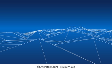 Abstract blue futuristic 3D map. 3D space landscape background.  The style of the 80-s.
