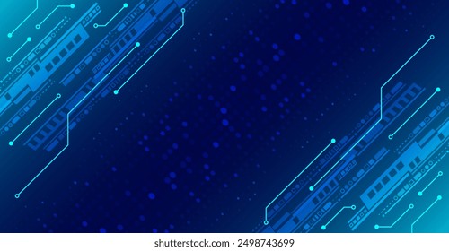 Abstract blue futuristic background consisting of printed circuit board circles and other technological elements. Digital communication, data protection, high tech presentation, science cover.