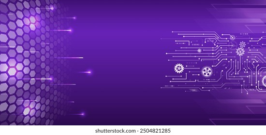 Abstract blue futuristic background consisting of printed circuit board hexagons and other technological elements. Digital communication, data protection, high tech presentation, science cover.