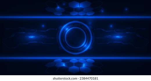 Abstract blue futuristic digital hi tech technology background with circle head up display interface and digital circuit network for advertising and game artwork.