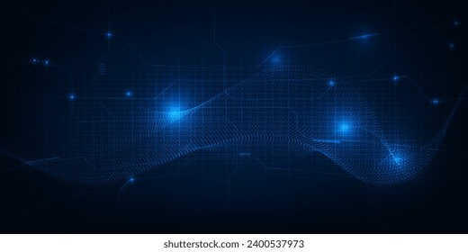 Abstract blue futuristic digital technology background with glowing horizontal line and wireframe wave network.Digital communication innovation and technology concepts.