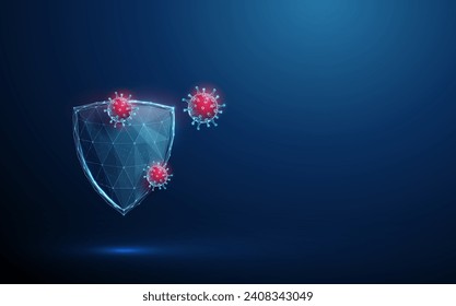 Abstract blue futuristic guard shield attacked by red viruses. Immune system and virus protection concept. Low poly digital style Blue Geometric background Wireframe structure Modern 3d graphic Vector