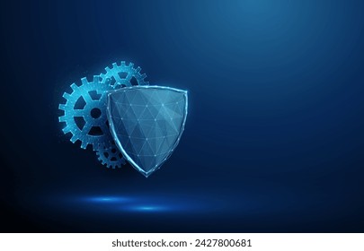 Abstract blue futuristic guard shield and cogwheels. Protection, cyber security and insurance concept. Low poly digital style. Geometric background. Wireframe connection structure. 3d graphic. Vector