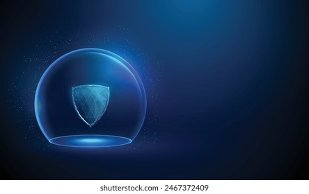 Abstract blue futuristic guard shield inside glass dome. Protection, cyber security and insurance concept Low poly style Geometric background Wireframe light connection structure Modern graphic Vector