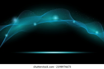 Abstract blue futuristic light technology digital light wave with light blue particle background.