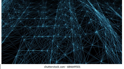Abstract blue futuristic lines and dots grid. Intertwining web, a network of ropes, an unusual geometric vector background.