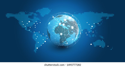 Abstract Blue Futuristic Modern Style Cloud Computing, Networks Structure, Telecommunications Concept Design, Network Connections with Earth Globe - Vector Illustration