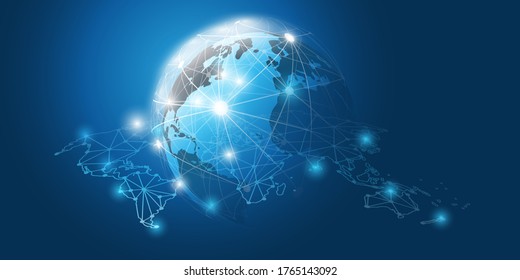 Abstract Blue Futuristic Modern Style Cloud Computing, Networks Structure, Telecommunications Concept Design, Network Connections with Earth Globe and Transparent World Map - Vector Illustration
